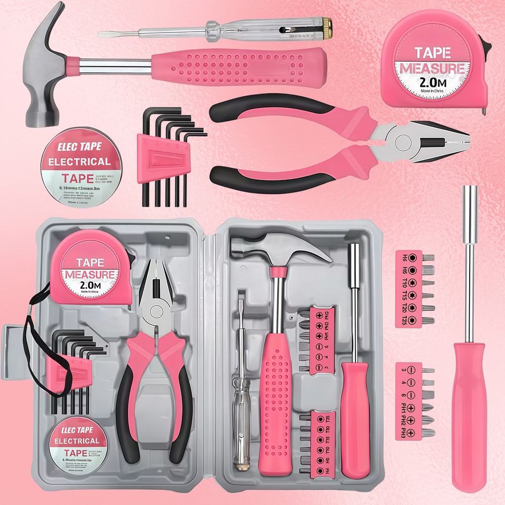 🌸Ferramentas Colorida Rosa para Mulher, Kit com 13/24/39Unidades para Reparos Domésticos e DIY