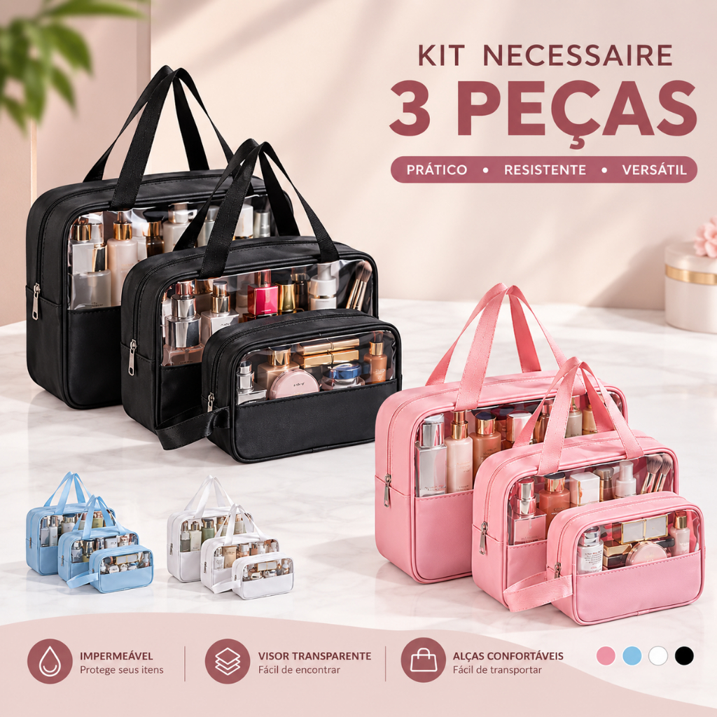 Kit 3 Necessaires Transparentes Grande Capacidade Para Cosméticos e Maquiagem Organizador de Viagem