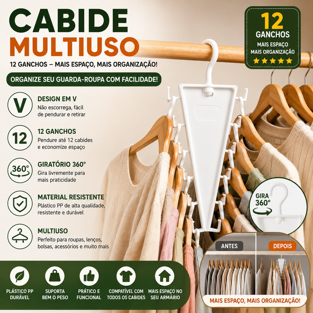 Organizador de Cabides em Forma de V de Dupla Face - Cabide Multi-Gancho que Economiza Espaço para Guarda-Roupa do Quart