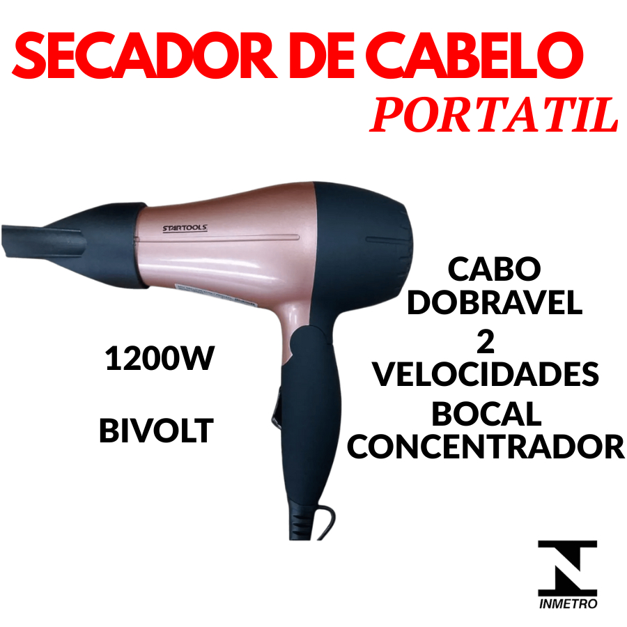 Secador De Cabelo Dobrável 1200W Bivolt Alça Bocal Dois Níveis de Temperatura