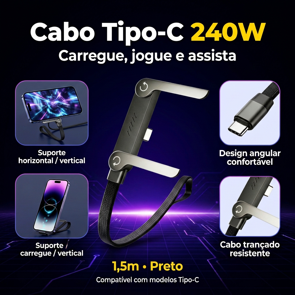 Cabo USB-C 240W 1,5m 90 Graus Carregamento Rápido Tipo C Curvado para Celular Gamer