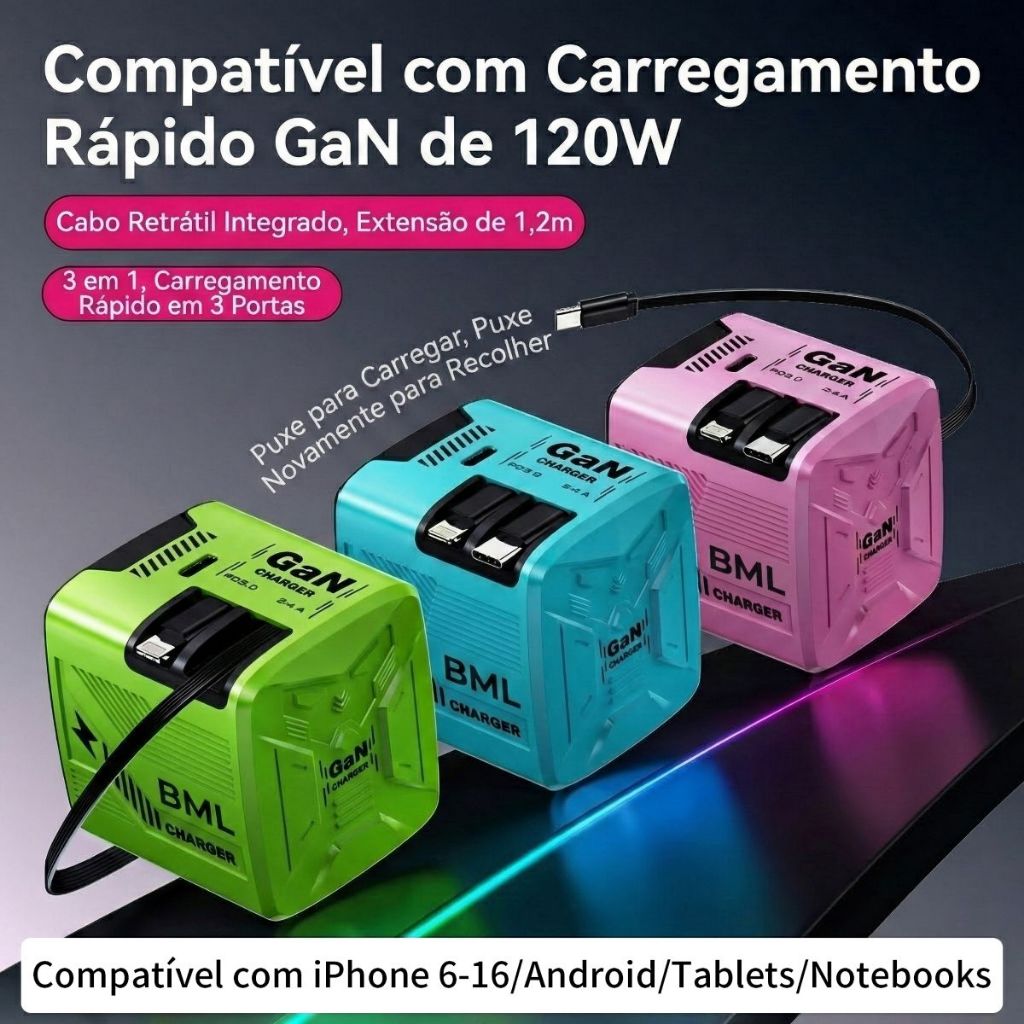 Cabo De Dados Retrátil De Alta Velocidade 120W GaN USB Tipo C Carregamento Rápido  PLUG