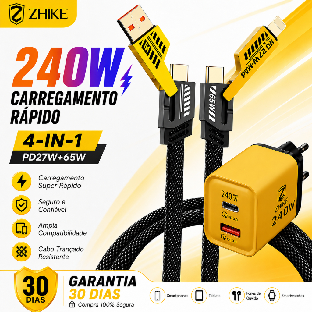 Kit Cabo Carregador Carregamento Rápido ZHIKE 4 em 1 USB Tipo C Para iP 1M Trança Nylon Com GaN Adaptador
