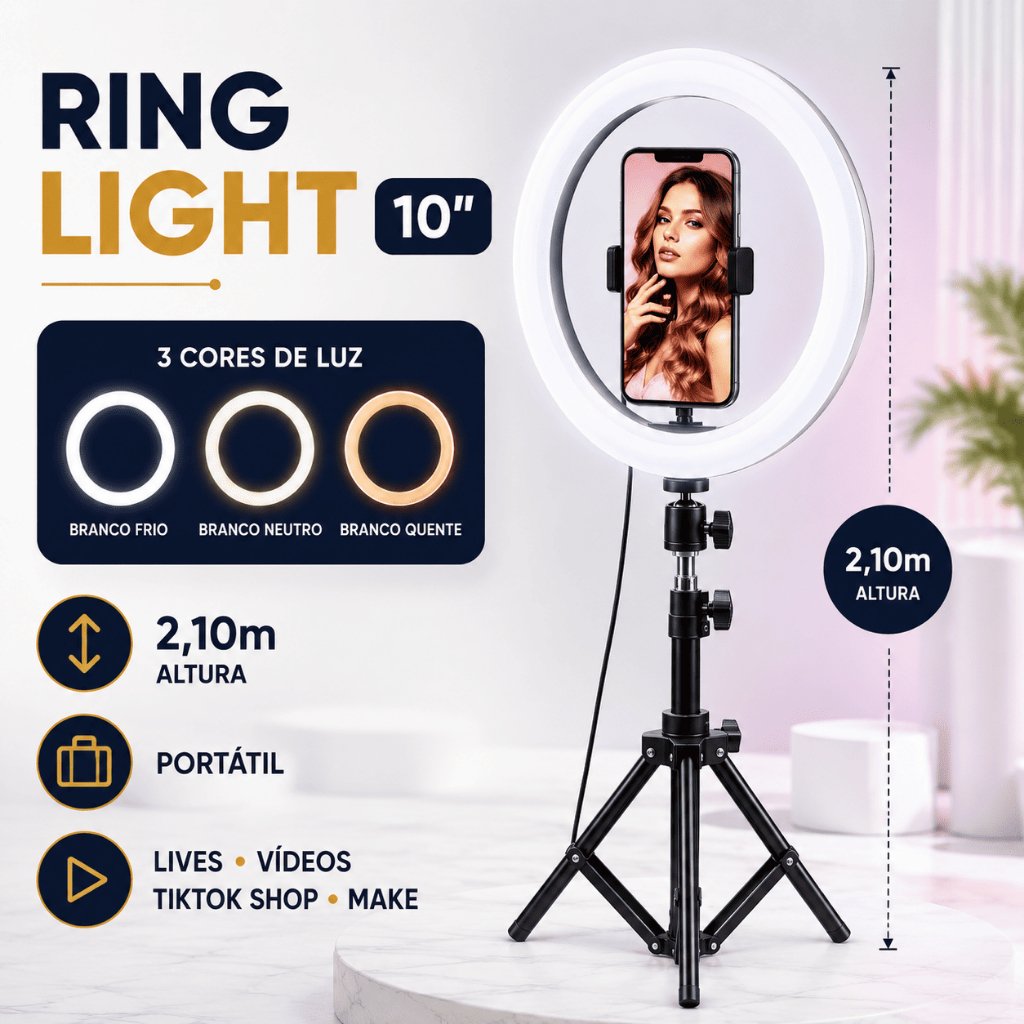 Ring Light Anel de Luz LED 10 Polegadas com Tripé 2,1m Suporte Celular Iluminador TikTok YouTube