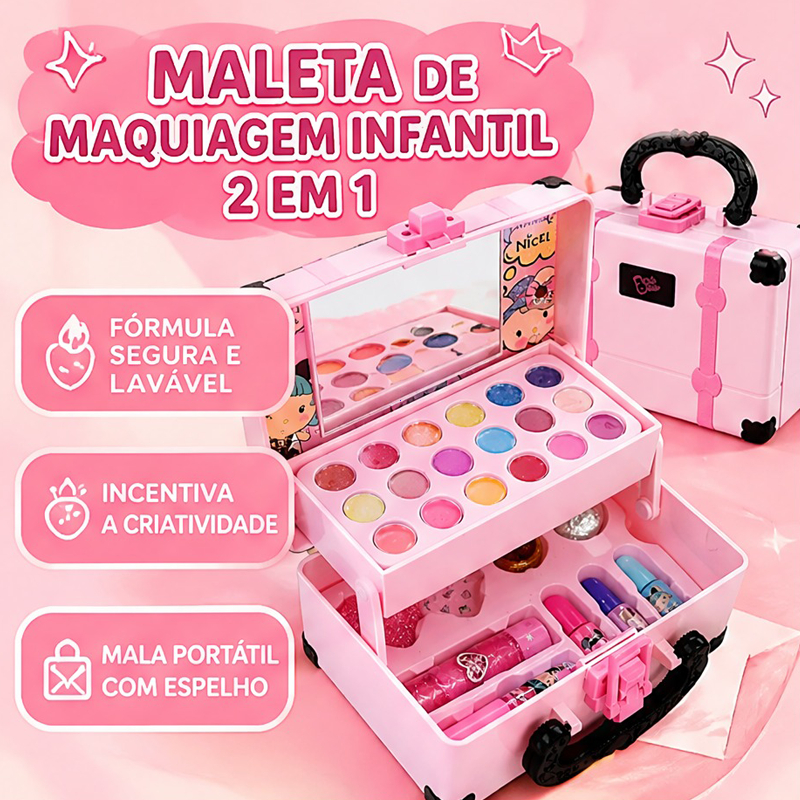 Kit Beleza Infantil Maleta Portátil Com Espelho, Maquiagem E Manicure Não Tóxico Presente Aniversário Criança