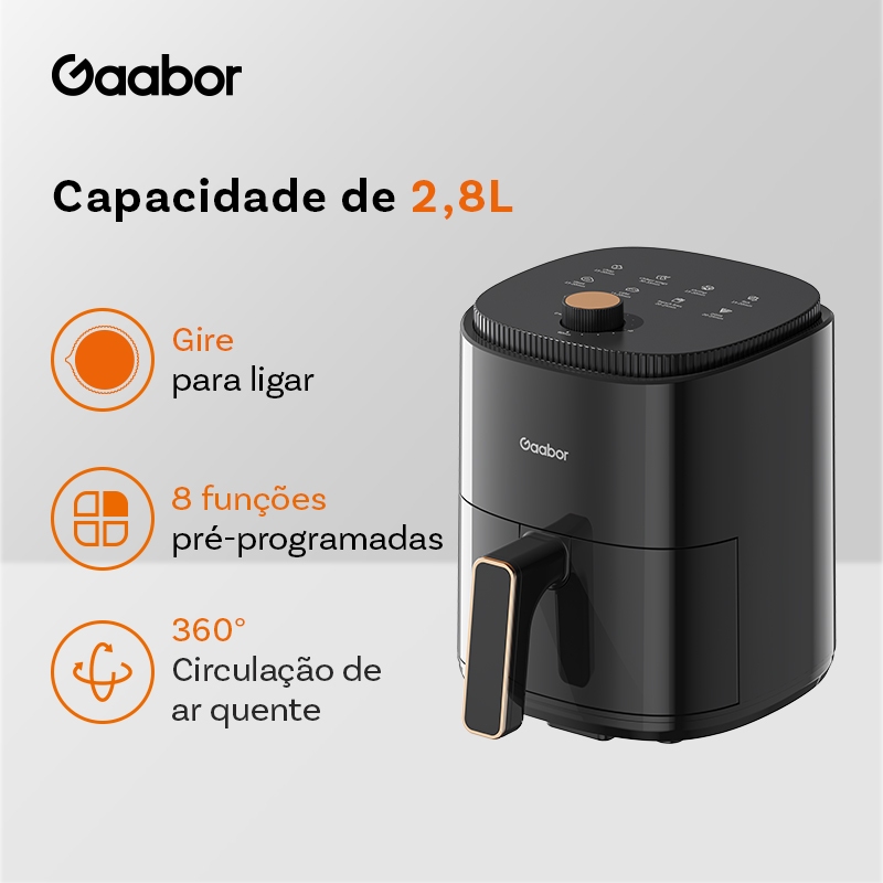 Gaabor Air Fryer 2,8L 800W 360° Ar Quente Timer 60 Min 200°C Antiaderente Sem BPA 8 Menus AF-35M02A