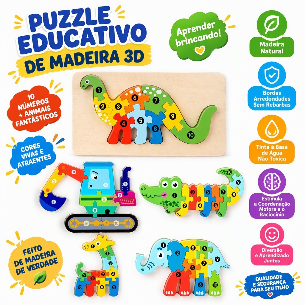 Quebra-Cabeça de Dino 3D em Madeira - Brinquedo Educativo Montessori para Bebês e Crianças Pequenas