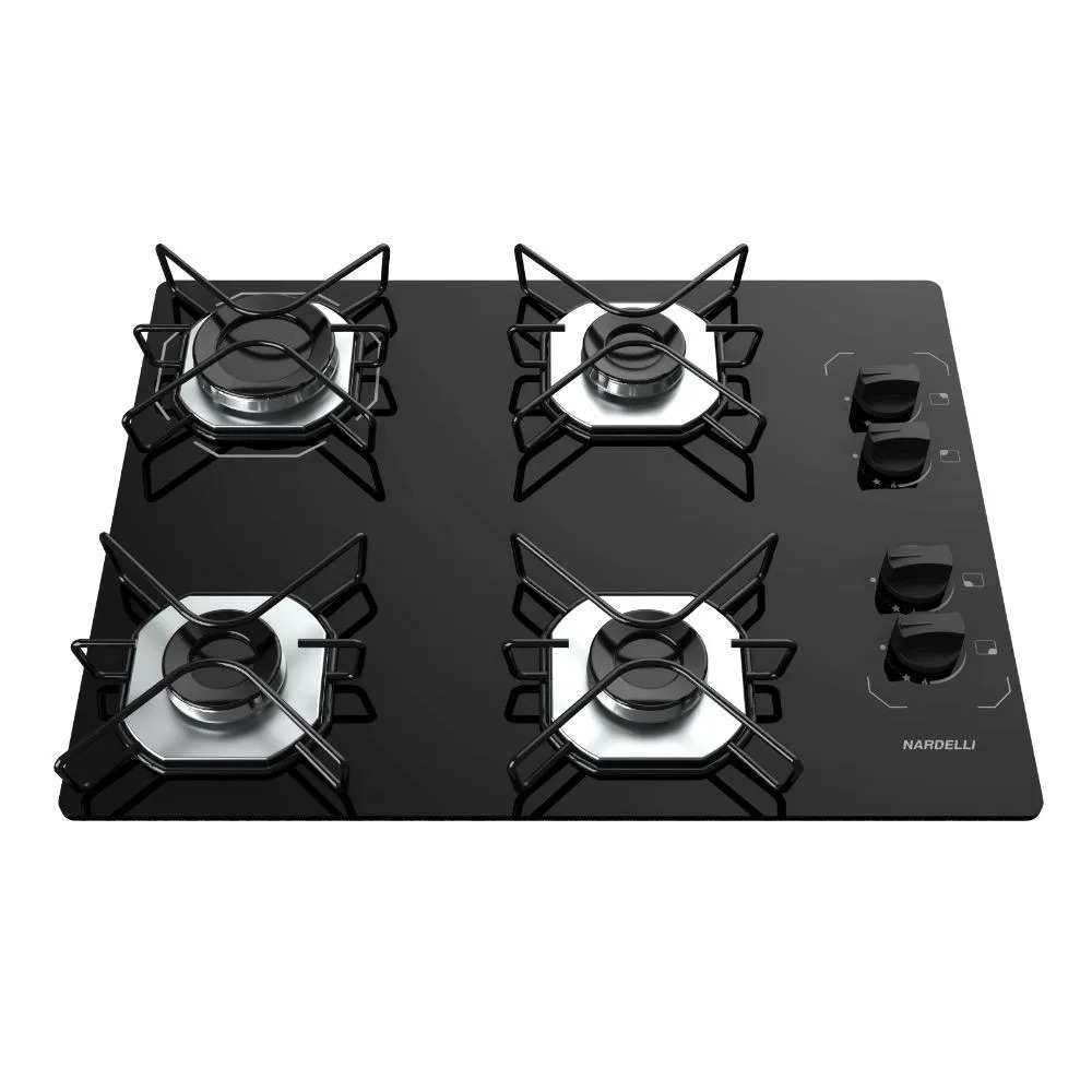 Cooktop Fogatti à Gás Ori 4 Bocas Vidro Preto Flange Inox Bivolt - Acendimento automático