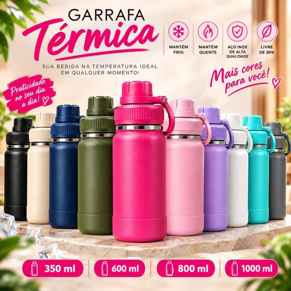 Garrafa Térmica Inox 304- 350ml 600ml 800ml 1L com Alça Mantém Quente e Frio até12 Horas
