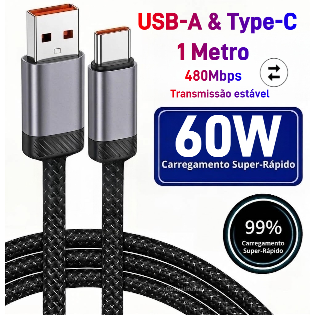 60W Cabo USB Tipo C Reforçado 1 Metro Carregamento Rápido Turbo Android Compatível Galaxy Xiomi Moto G iPhone 15