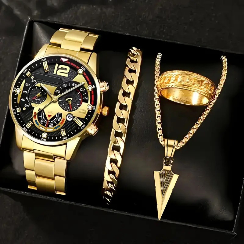 Conjunto De Relógio De Pulso Masculino Chique 4 Peças-Pulseira De Aço Inoxidável E Mostrador De Quartzo Com Calendário-P
