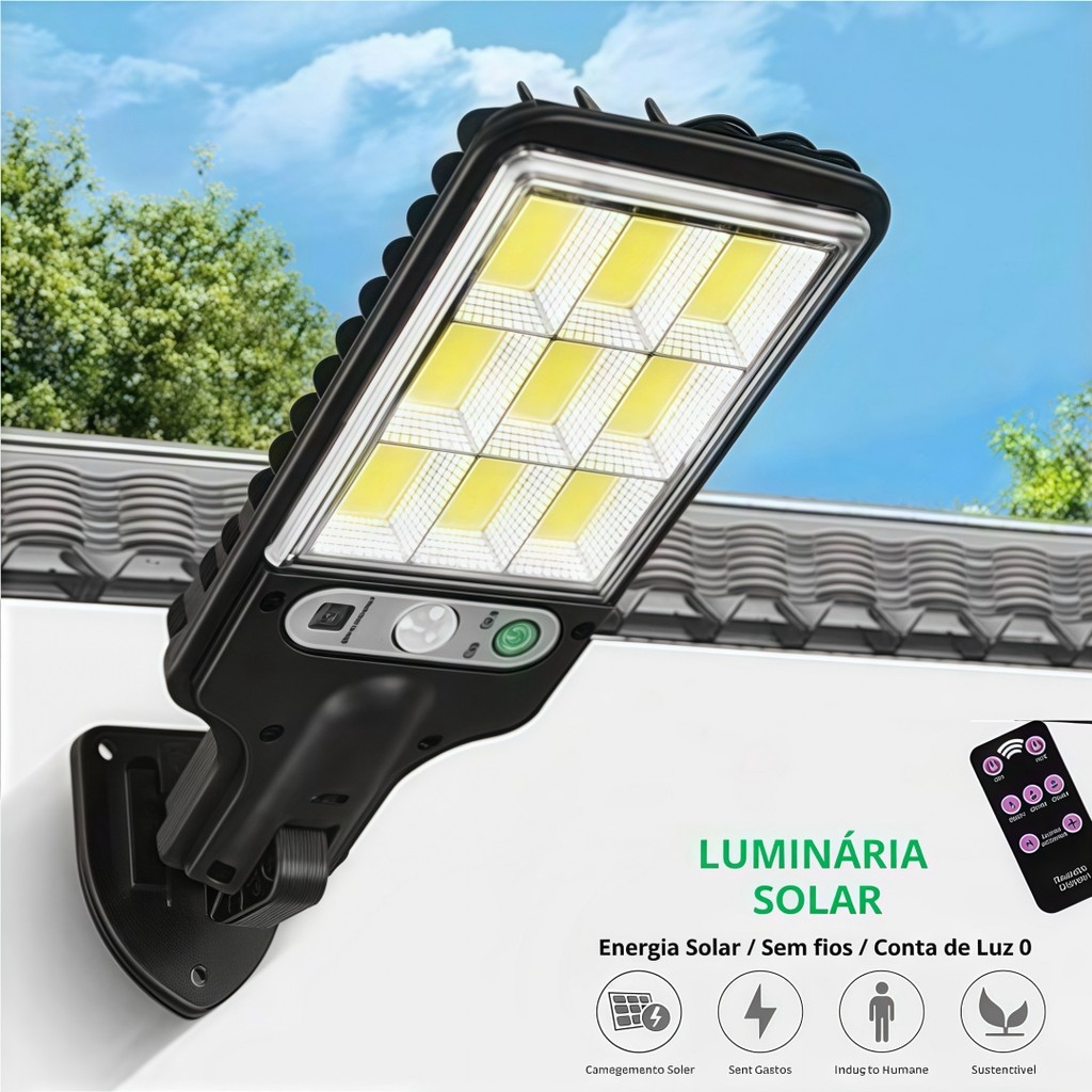 Luminária Solar Parede 108 COB Carregar LED Luz Branco frio Prova D'Água Sensor Presença 3 funções