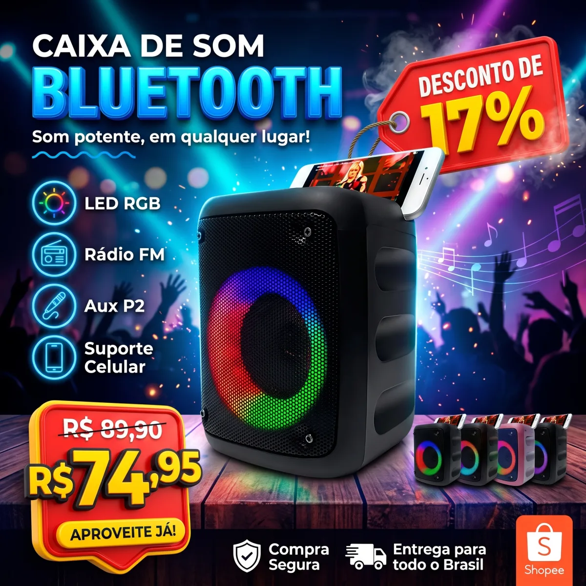Caixinha de Som Bluetooth com LED e Conexão P2/USB