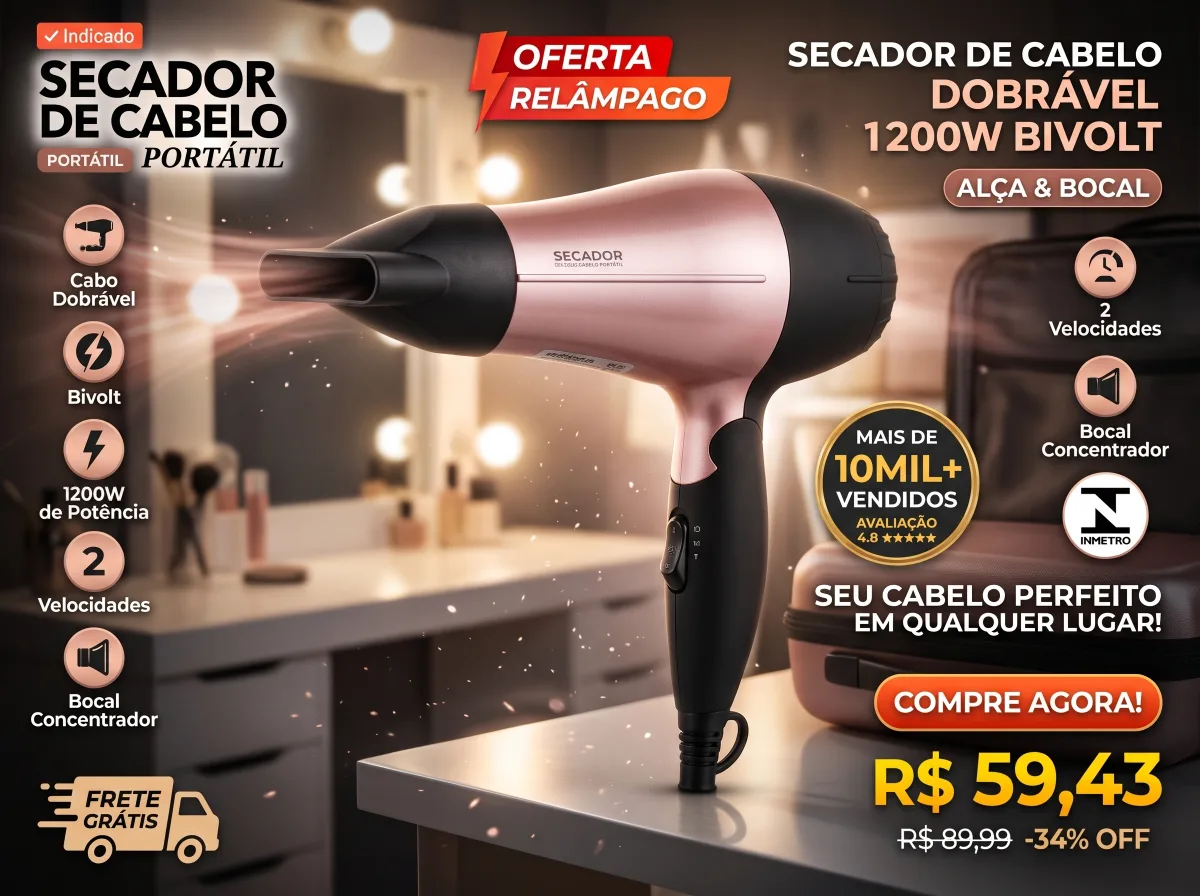 Secador De Cabelo Dobrável 1200W Bivolt