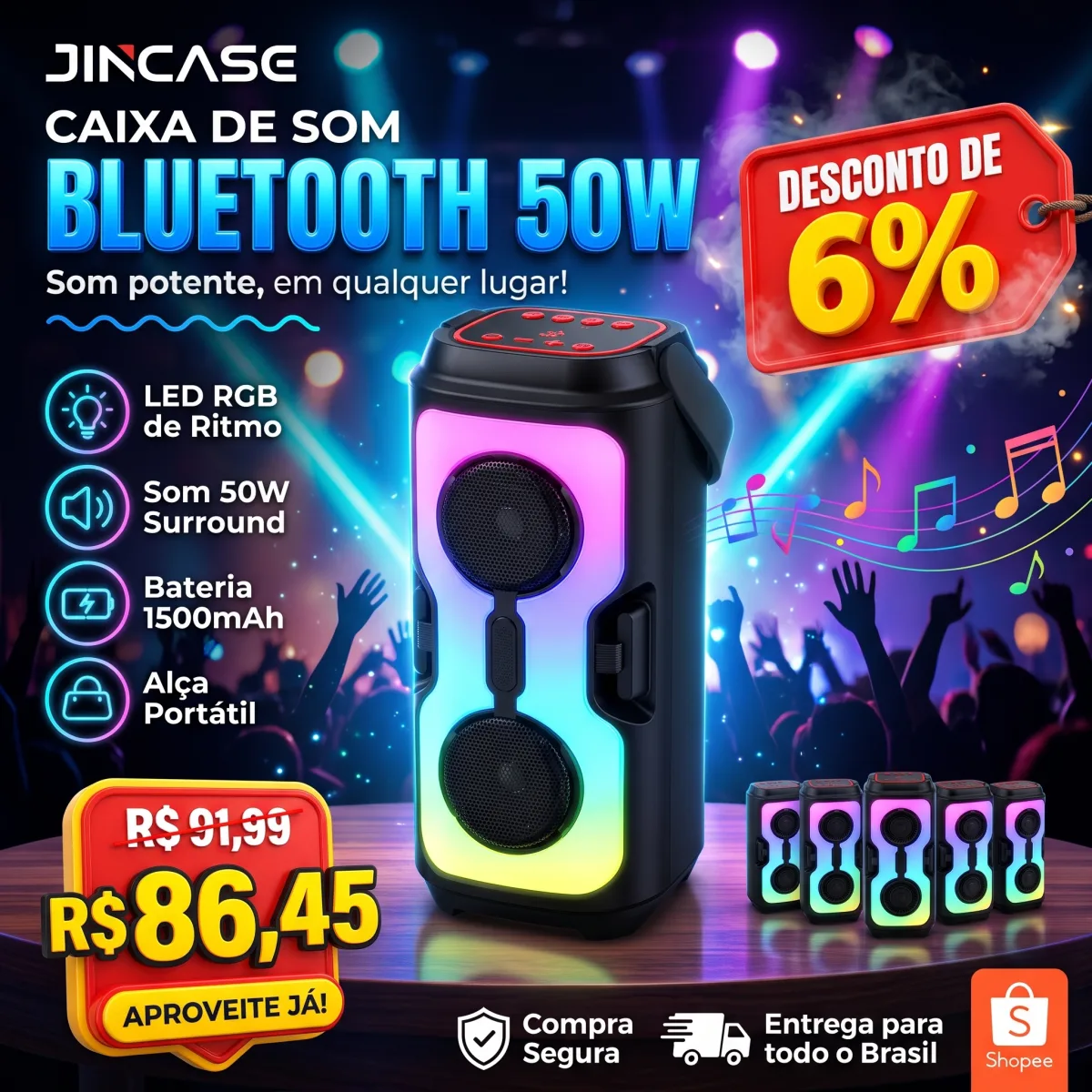 Caixa de Som Bluetooth 50W com LED RGB e FM