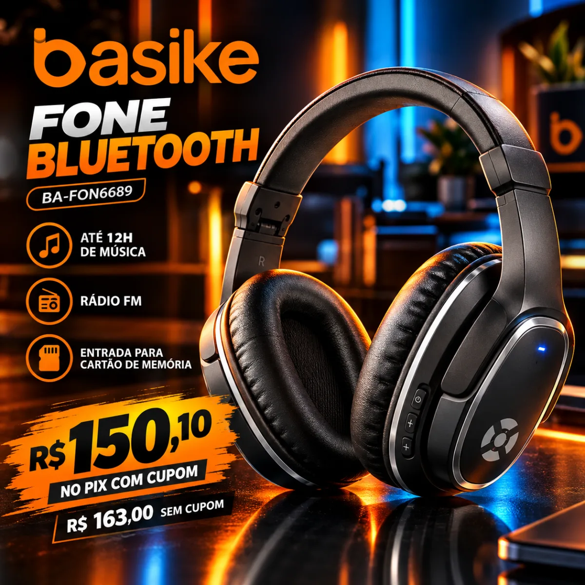 Fone Bluetooth Basike com Graves Potentes