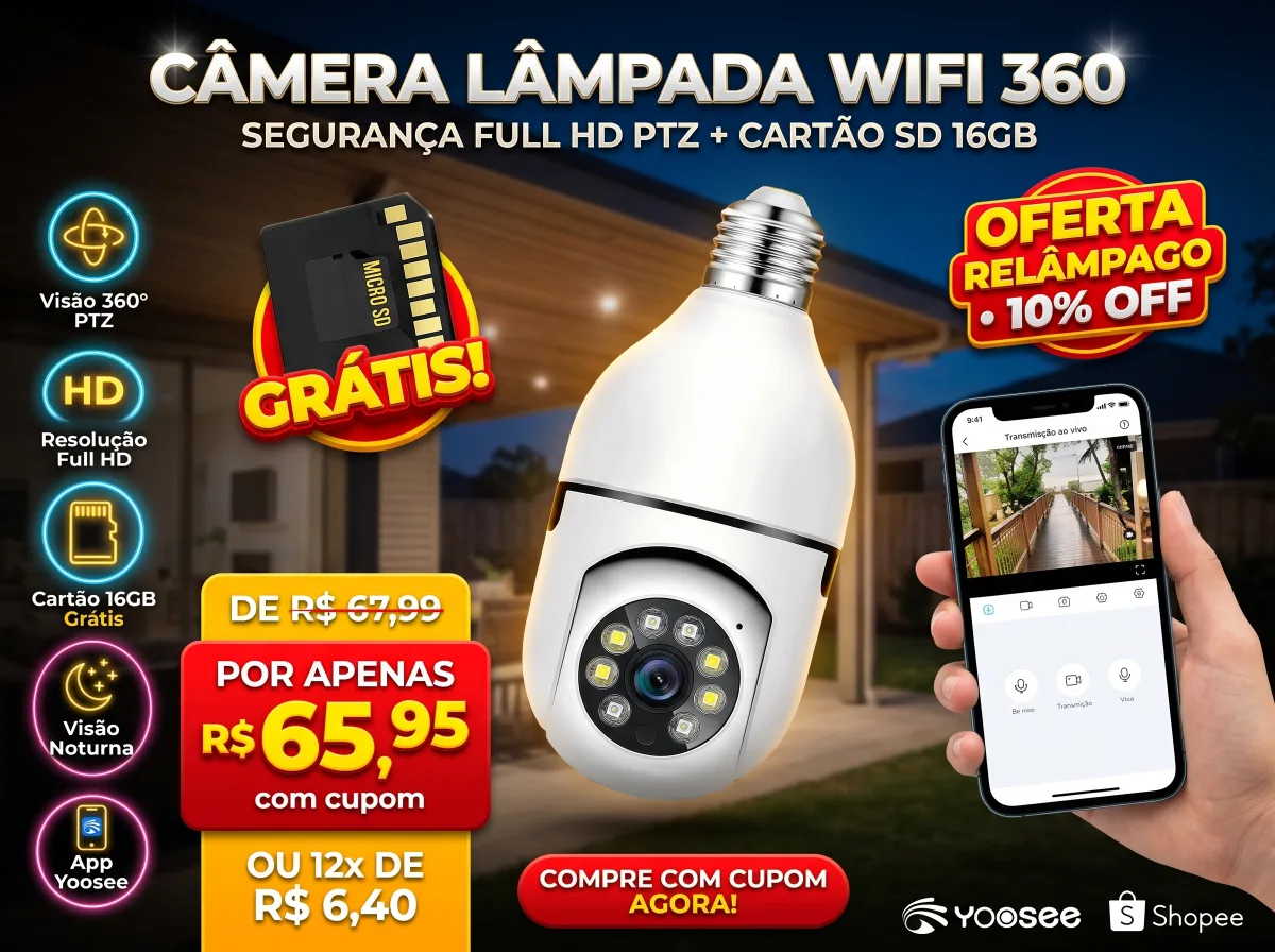 Câmera Lâmpada Wi-Fi 360 IP Full HD PTZ com Cartão SD 16GB