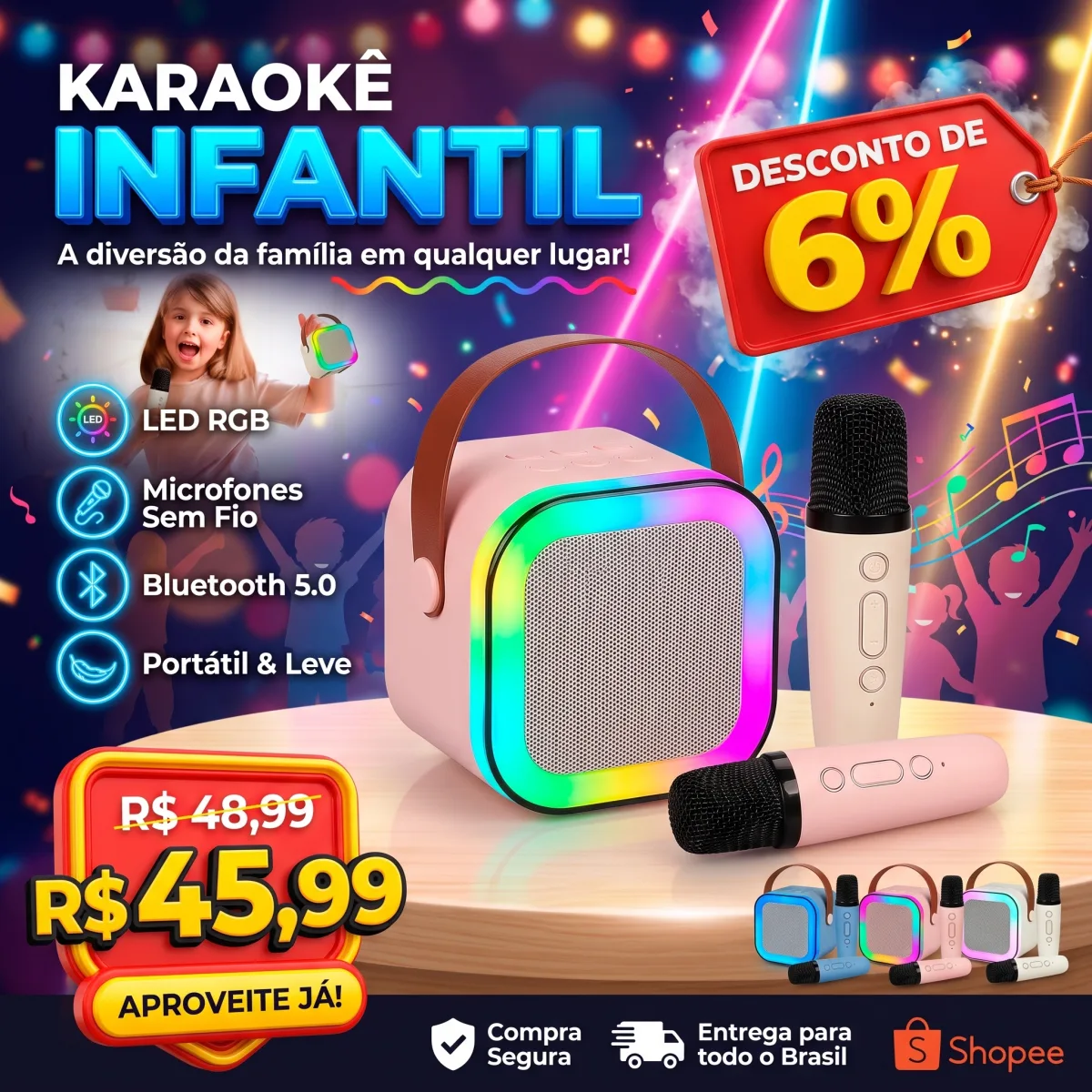 Caixa de Som Infantil Karaokê com Microfones