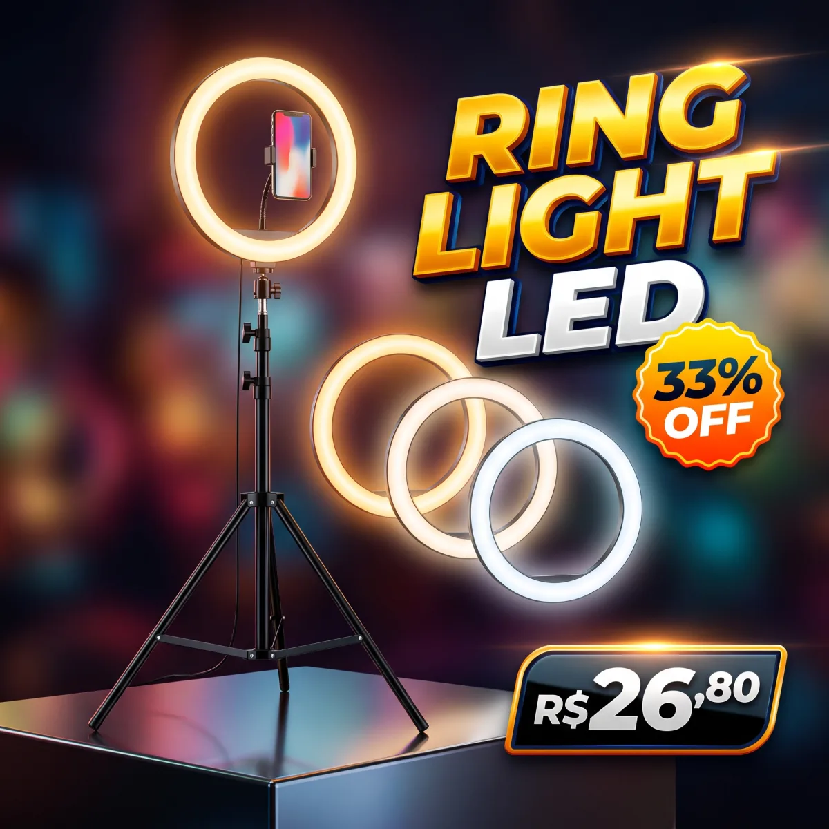 Ring Light Completo Portátil 26cm com Tripé