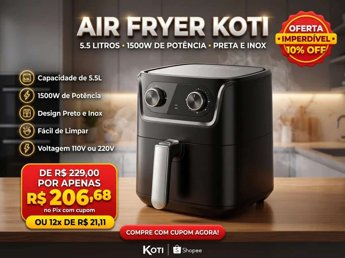 Fritadeira Air Fryer KOTI 5,5L 1500W Preta e Inox