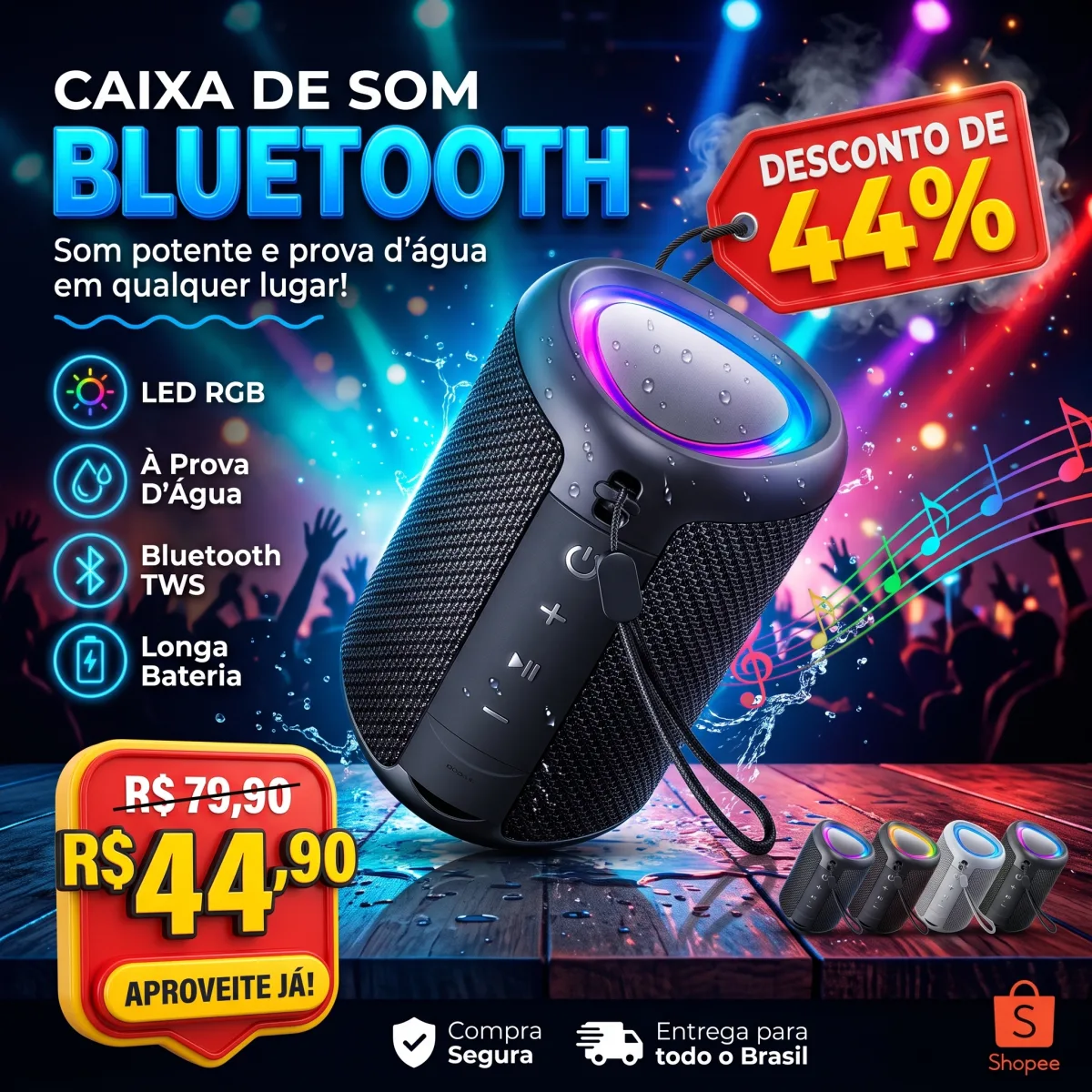 Caixa de Som Bluetooth Portátil IPX5 com LED